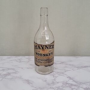 HAYNER Whiskey Bottle Clear Glass with Paper Label - Pre Prohibition